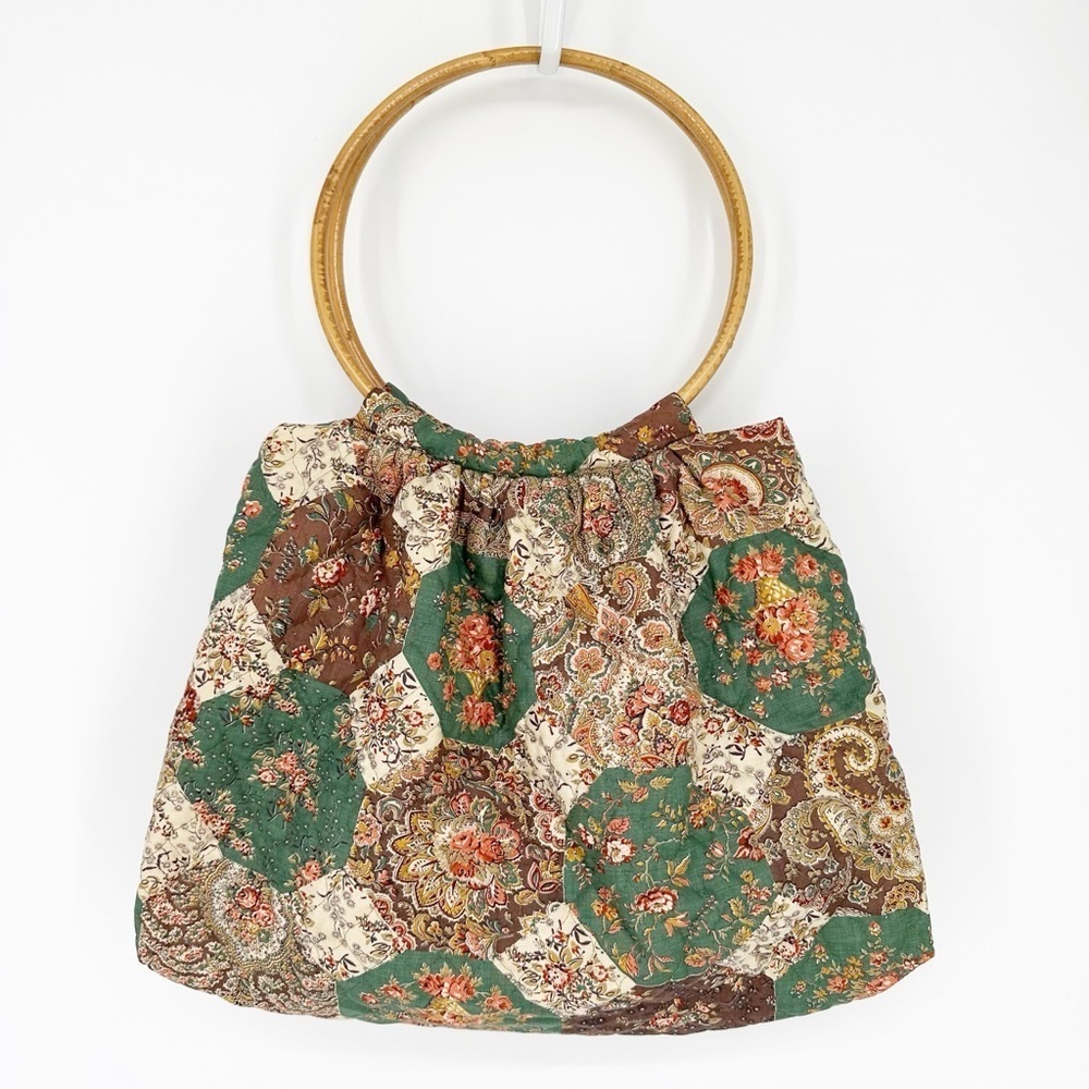 Vintage Boho Bamboo Handle Neutral Handmade Tote Bag Purse
